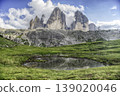 Tre Cime di Lavaredo reflecting in mountain lake, Dolomites, Italy 139020046