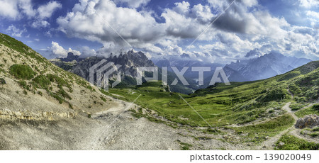 Hiking trail leading to Cadini di Misurina mountains, Dolomites, Italy 139020049