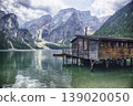 Wooden boat house on the scenic Lake Braies, Dolomites, Italy 139020050