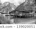 Wooden boat house on the scenic Lake Braies, Dolomites, Italy 139020051