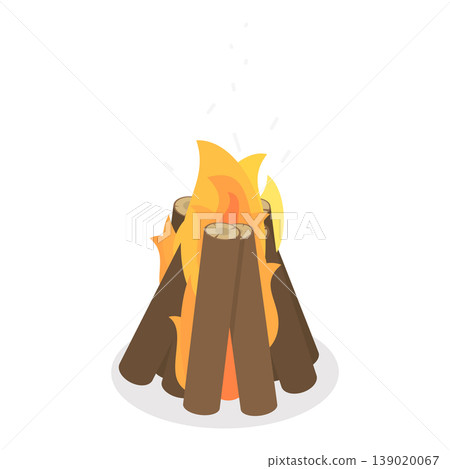 3D Isometric Flat Vector Set of Bonfires, Wooden Boards Used For Nighttime Outdoor Bonfire With Flaming Logs And Coals. Item 2 139020067