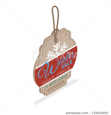 3D Isometric Flat Vector Illustration of Winter Holiday Decoration, Set Of Vintage Christmas Tags With String, Textured Paper - Retail, Sale, And Discount Theme. Item 3 3D Isometric Flat Vector Illustration of Winter Holiday Decoration, Set Of Vintage Christmas Tags With String, Textured Paper - Retail, Sale, And Discount Theme. Item 3 139020093