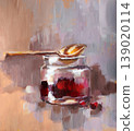 Glass jar with jam and spoon. Hand-painted with oil paint. Perfect for decorating kitchen, cafe, or restaurant 139020114