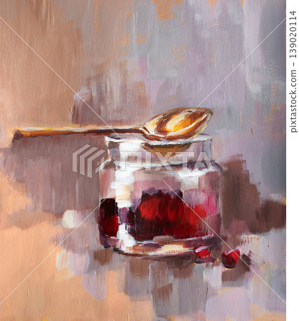 Glass jar with jam and spoon. Hand-painted with oil paint. Perfect for decorating kitchen, cafe, or restaurant 139020114