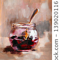 Glass jar with jam and spoon. Hand-painted with oil paint. Perfect for decorating kitchen, cafe, or restaurant 139020116