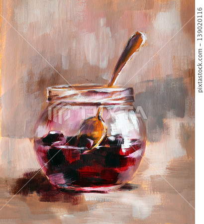 Glass jar with jam and spoon. Hand-painted with oil paint. Perfect for decorating kitchen, cafe, or restaurant Glass jar with jam and spoon. Hand-painted with oil paint. Perfect for decorating kitchen, cafe, or restaurant 139020116