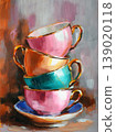 Colorful tea cups in stack. Oil painting technique. Perfect for decorating kitchen, cafe, or restaurant. 139020118