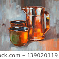 Glass jar with tea and clay cups. Hand-painted with oil paint. Perfect for decorating kitchen, cafe, or restaurant. 139020119