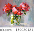 Peony red flowers in glass jar. Hand drawn Oil painting illustration. 139020121