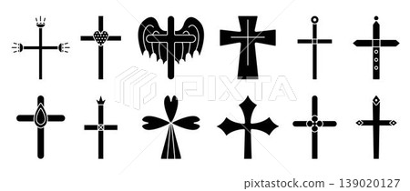 Christian crosses, monochrome black icon set. Decorative sign collection, different isolated religious symbols, christianity various cliparts Christian crosses, monochrome black icon set. Decorative sign collection, different isolated religious symbols, christianity various cliparts 139020127