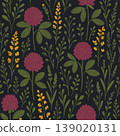 Vector seamless floral pattern with red clover, wildflowers and herbs in boho style on dark background 139020131