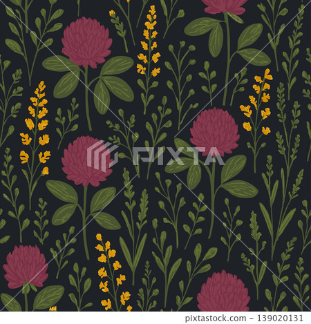 Vector seamless floral pattern with red clover, wildflowers and herbs in boho style on dark background Vector seamless floral pattern with red clover, wildflowers and herbs in boho style on dark background 139020131
