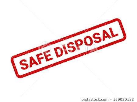 Red rectangular rubber stamp impression displaying the SAFE DISPOSAL text with a distressed grunge texture Red rectangular rubber stamp impression displaying the SAFE DISPOSAL text with a distressed grunge texture 139020158