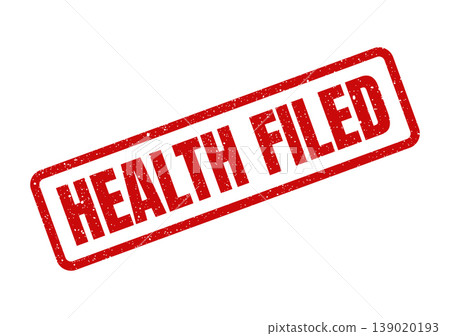 Red rectangular rubber stamp showing the textured words HEALTH FILED for official documentation purposes 139020193