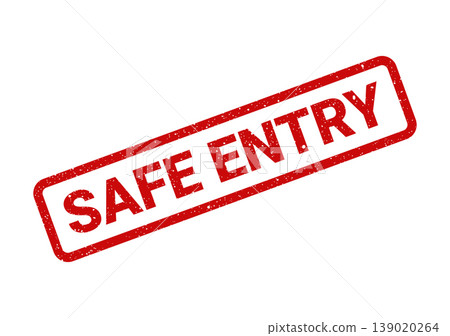 Red rectangular stamp impression with SAFE ENTRY text, featuring a distinctive weathered grunge texture effect Red rectangular stamp impression with SAFE ENTRY text, featuring a distinctive weathered grunge texture effect 139020264