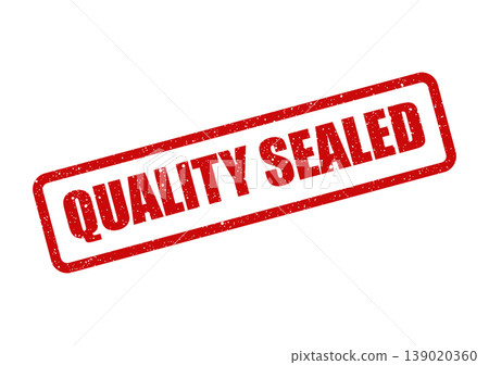 Red textured quality sealed rubber stamp sign on an isolated white background for authenticity verification Red textured quality sealed rubber stamp sign on an isolated white background for authenticity verification 139020360