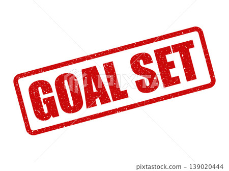 Red textured rubber stamp showing the words goal set in bold capital letters for project planning 139020444