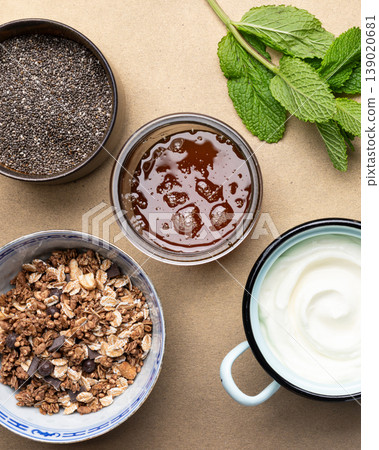 Healthy breakfast set chia yogurt nuts 139020681