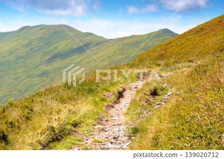summer landscape. mountain path through the grassy slope turns uphill to the sky. scenic view. hiking trail path through borzhava ridge. travel ukraine mountains concept summer landscape. mountain path through the grassy slope turns uphill to the sky. scenic view. hiking trail path through borzhava ridge. travel ukraine mountains concept 139020712