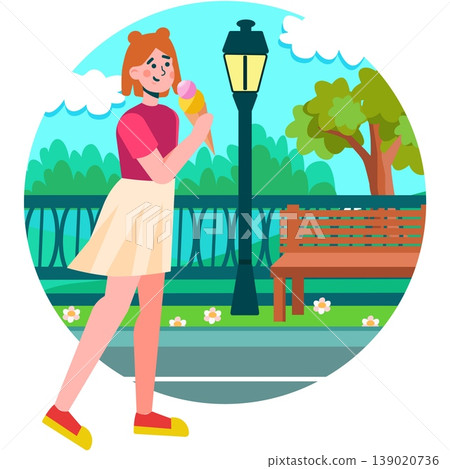Woman eating ice-cream walking in park vector 139020736