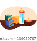 Milk bottle, nipple and toy for baby vector icon 139020767