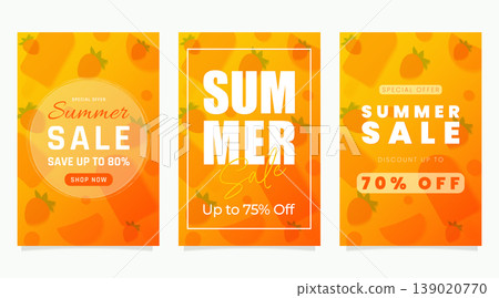 Summer sale posters set with orange fruit and popsicle pattern vector illustration. Summer sale posters set with orange fruit and popsicle pattern vector illustration. 139020770