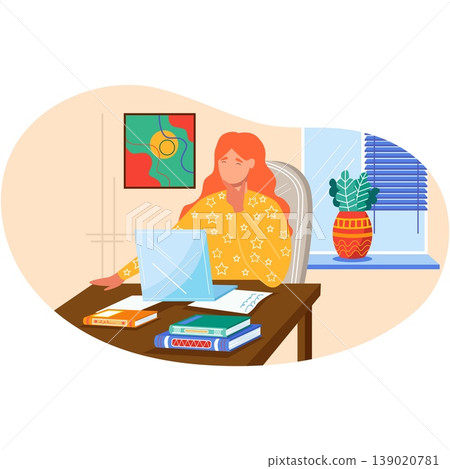 Woman with laptop thinking about content vector Woman with laptop thinking about content vector 139020781