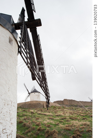 Historical windmills at Cerro Calderico, Consuegra, Toledo, Spain Historical windmills at Cerro Calderico, Consuegra, Toledo, Spain 139020783