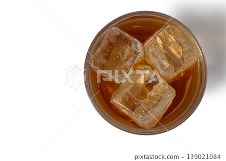 Top View of Whiskey Glass with Ice Isolated on White Background 139021084