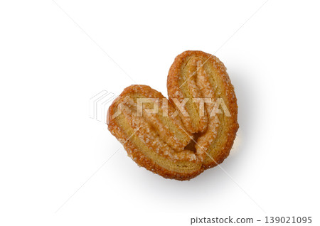Puff Pastry Palmier Cookies Elephant Ears Isolated on White Background Puff Pastry Palmier Cookies Elephant Ears Isolated on White Background 139021095