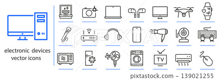 electronic equipment icons, devices set, tech gadgets simple symbols, line vector illustration, outline editable stroke 139021255
