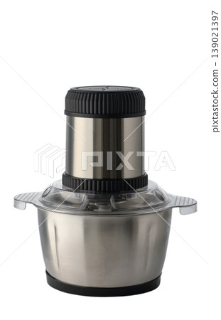 Stainless steel electric meat grinder and food chopper, multi-function, isolated on white. 139021397