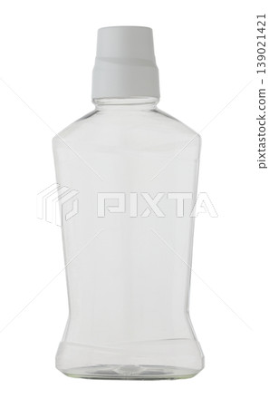 Empty clear PET bottle for mouthwash, plastic container, isolated on white. Empty clear PET bottle for mouthwash, plastic container, isolated on white. 139021421