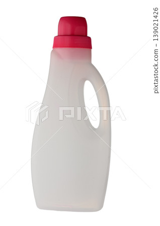 Empty plastic bottle for laundry fabric softener on white background 139021426