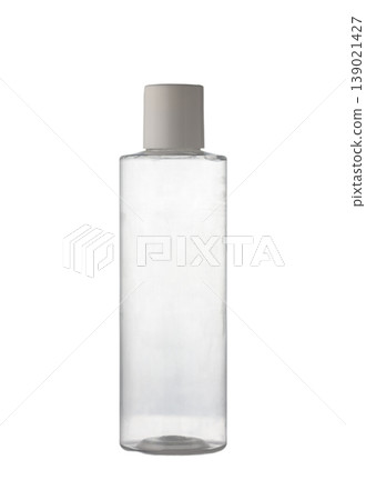 Clear plastic bottle for storing various liquids on white background 139021427