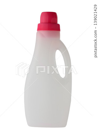 Empty plastic bottle for laundry fabric softener front view on white Empty plastic bottle for laundry fabric softener front view on white 139021429