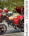 Elegant Horsedrawn Vehicle Paused On Manhattan Street Captured During Sunset Hours new york 139021636