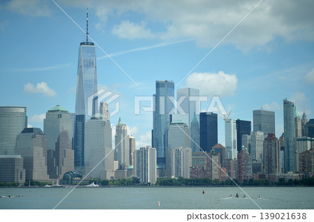 Cityscape With Serene Waters. Scenic Urban Landscape Featuring Calm River And Towering Buildings Cityscape With Serene Waters. Scenic Urban Landscape Featuring Calm River And Towering Buildings 139021638