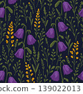 Vector seamless floral pattern with bellflowers and herbs in boho style on dark blue background 139022013