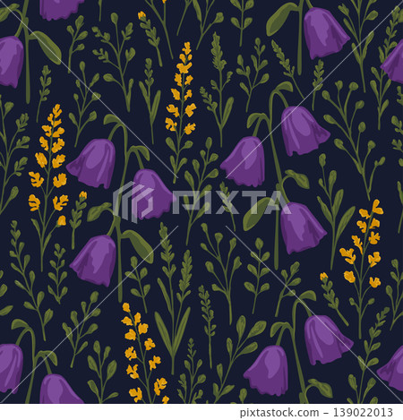 Vector seamless floral pattern with bellflowers and herbs in boho style on dark blue background Vector seamless floral pattern with bellflowers and herbs in boho style on dark blue background 139022013