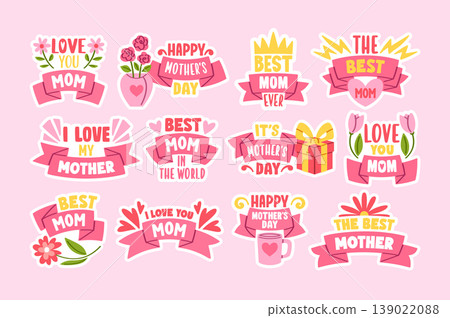 Mother Day Badge Set With Ribbons Cartoon Mother Day Badge Set With Ribbons Cartoon 139022088