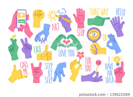 Hand Gesture Collection With Lettering Cartoon Style Hand Gesture Collection With Lettering Cartoon Style 139022089
