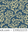 Seamless dense monochrome pattern with hand drawn abstract flowers on blue textured background. Artistic rough brush strokes floral design 139022215