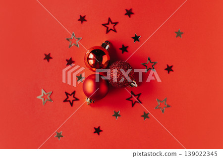 Beautiful Christmas ornaments on a bright red background. 139022345