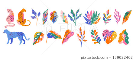 Tropical colorful leaves and animals collection. Exotic jungle plants, cheetahs, jaguars and 139022402