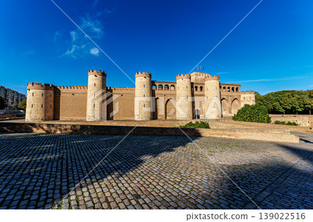 Aljaferia castle palace and gardens, seat of the regional government of Aragon, in Zaragoza, Aragon in Spain 139022516