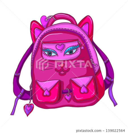 A cute pink hand-drawn backpack with cat ears and heart details on a pink background. A cute pink hand-drawn backpack with cat ears and heart details on a pink background. 139022564