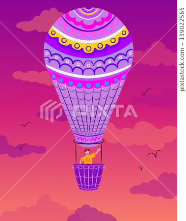 A colorful hand-drawn hot air balloon with a child in the basket floating in a pink sunset sky. 139022565