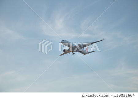 Low angle view of a commercial jetliner gliding down with extended landing gear, surrounded by gentle cloud patterns, representing modern air travel, connectivity, and aviation technology. 139022664