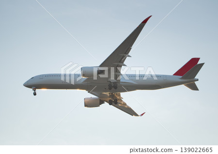 Close side profile of a passenger airplane with extended landing gear, illuminated by warm sunlight, highlighting aerodynamic design, aviation engineering, and global air transport. 139022665